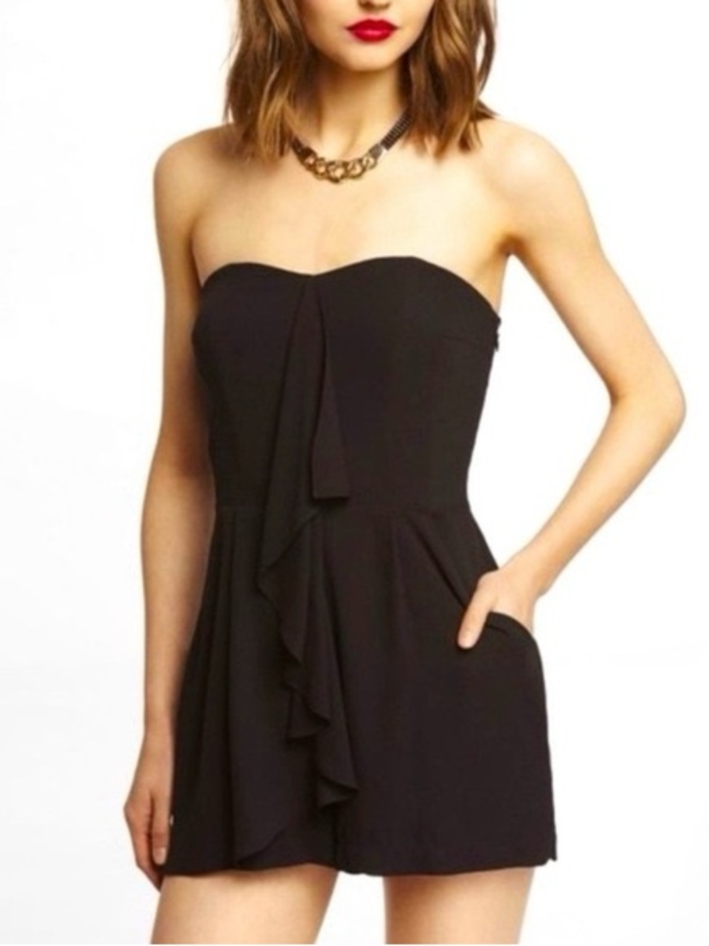 Express Black Strapless Ruffle Romper - Picture 2 of 6